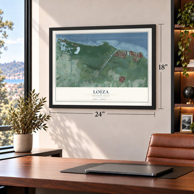 Loíza, Puerto Rico map, 18 x 24 inch print in a black frame in a home office