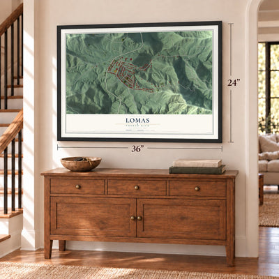 Lomas, Puerto Rico map, 24 x 36 inch print in a black frame above a dresser by a staircase