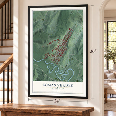 Lomas Verdes, Puerto Rico map, 24 x 36 inch print in a black frame by a staircase