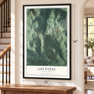 Los Panes, Puerto Rico map, 24 x 36 inch print in a black frame by a staircase