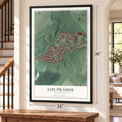 Los Prados, Puerto Rico map, 24 x 36 inch print in a black frame by a staircase