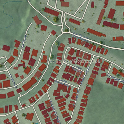 Close-up of the map of Los Prados, Puerto Rico print showing street and building detail