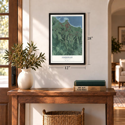 Luquillo, Puerto Rico map, 12 x 18 inch print in a black frame in an entryway