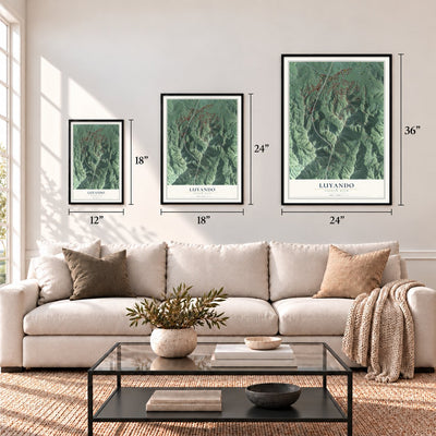 Luyando, Puerto Rico map in 12 x 18, 18 x 24 and 24 x 36 inch sizes above a sofa