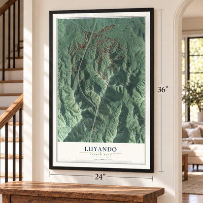 Luyando, Puerto Rico map, 24 x 36 inch print in a black frame by a staircase