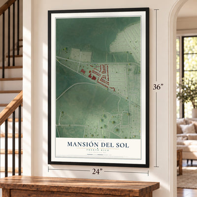 Mansión del Sol, Puerto Rico map, 24 x 36 inch print in a black frame by a staircase