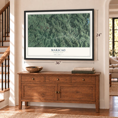 Maricao, Puerto Rico map, 24 x 36 inch print in a black frame above a dresser by a staircase