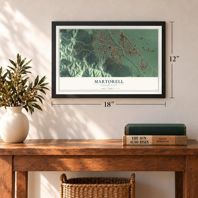 Martorell, Puerto Rico map, 12 x 18 inch print in a black frame in an entryway