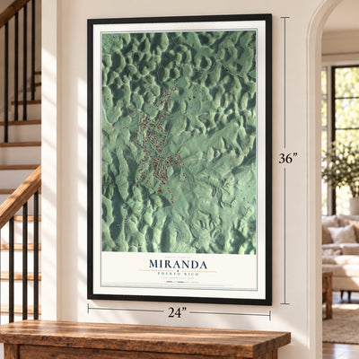 Miranda, Puerto Rico map, 24 x 36 inch print in a black frame by a staircase