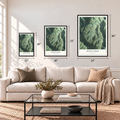 Monte Verde, Puerto Rico map in 12 x 18, 18 x 24 and 24 x 36 inch sizes above a sofa