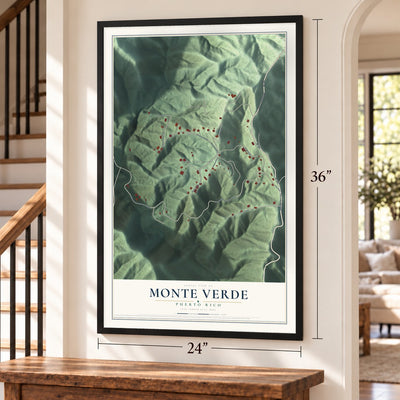 Monte Verde, Puerto Rico map, 24 x 36 inch print in a black frame by a staircase