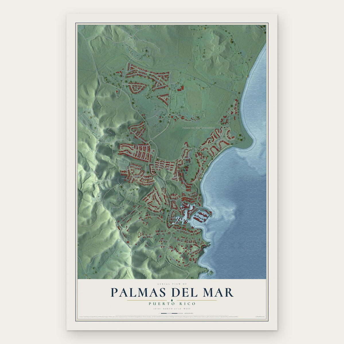 Palmas del Mar, Puerto Rico map print, the full design