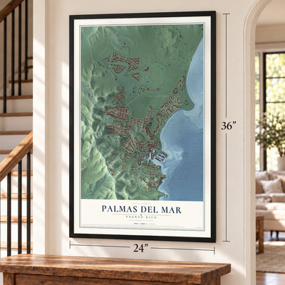 Palmas del Mar, Puerto Rico map, 24 x 36 inch print in a black frame by a staircase