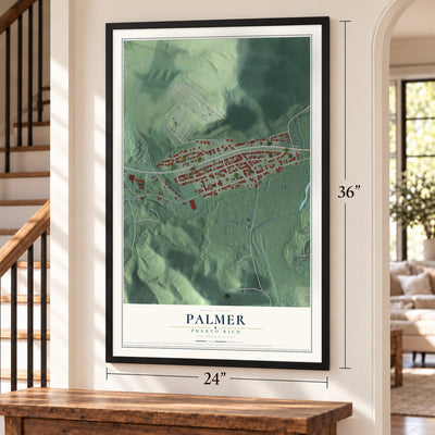 Palmer, Puerto Rico map, 24 x 36 inch print in a black frame by a staircase