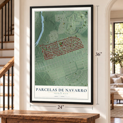 Parcelas de Navarro, Puerto Rico map, 24 x 36 inch print in a black frame by a staircase