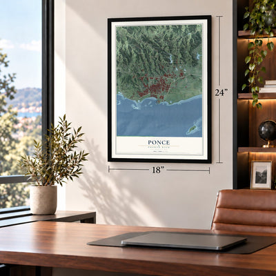 Ponce, Puerto Rico map, 18 x 24 inch print in a black frame in a home office