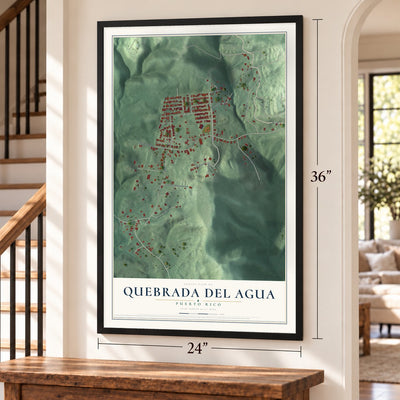 Quebrada del Agua, Puerto Rico map, 24 x 36 inch print in a black frame by a staircase