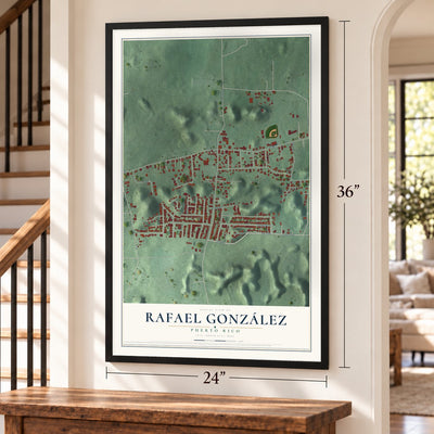 Rafael González, Puerto Rico map, 24 x 36 inch print in a black frame by a staircase