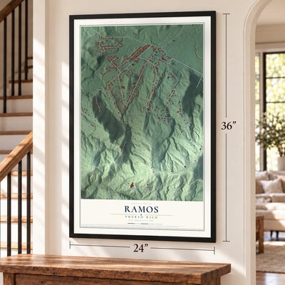 Ramos, Puerto Rico map, 24 x 36 inch print in a black frame by a staircase