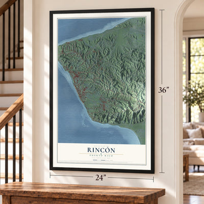 Rincón, Puerto Rico map, 24 x 36 inch print in a black frame by a staircase