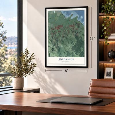 Río Grande, Puerto Rico map, 18 x 24 inch print in a black frame in a home office