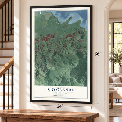 Río Grande, Puerto Rico map, 24 x 36 inch print in a black frame by a staircase