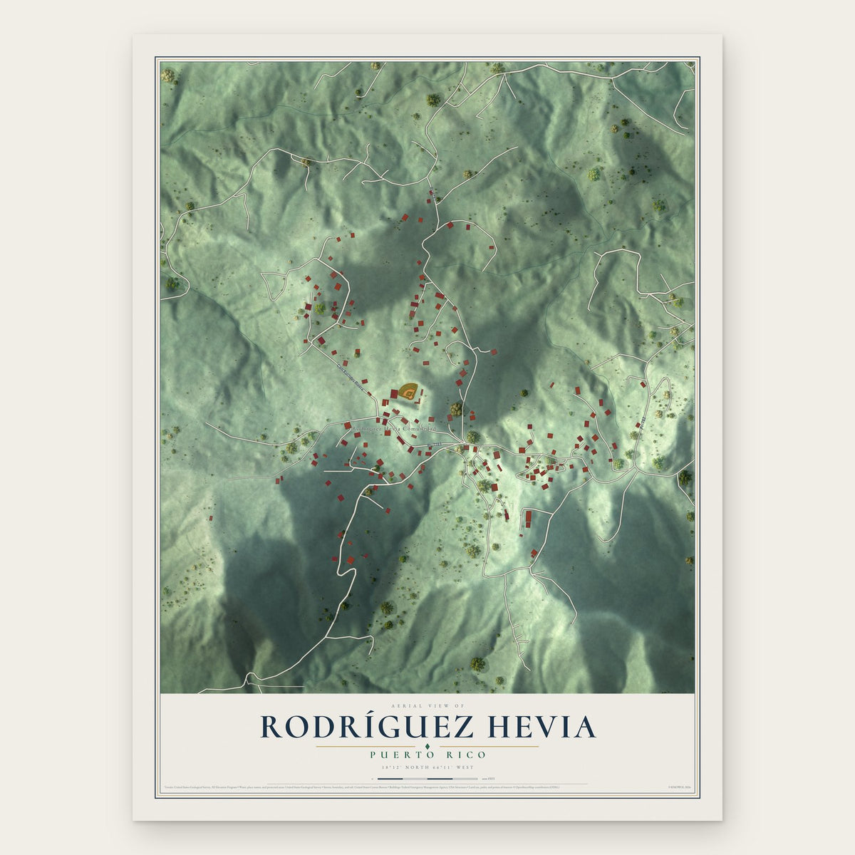 Rodríguez Hevia, Puerto Rico map print, the full design