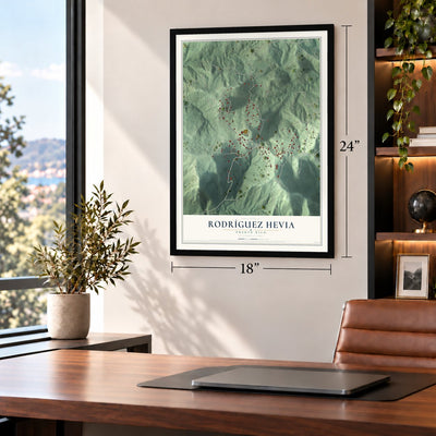 Rodríguez Hevia, Puerto Rico map, 18 x 24 inch print in a black frame in a home office