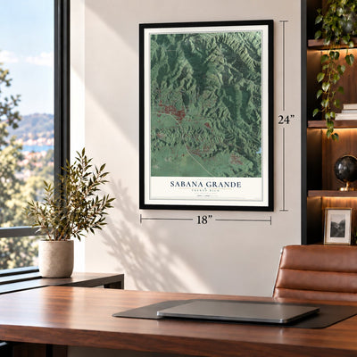 Sabana Grande, Puerto Rico map, 18 x 24 inch print in a black frame in a home office