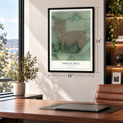 Sabana Seca, Puerto Rico map, 18 x 24 inch print in a black frame in a home office