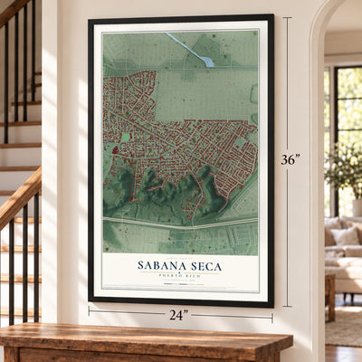 Sabana Seca, Puerto Rico map, 24 x 36 inch print in a black frame by a staircase