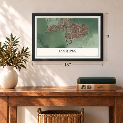 San Isidro, Puerto Rico map, 12 x 18 inch print in a black frame in an entryway