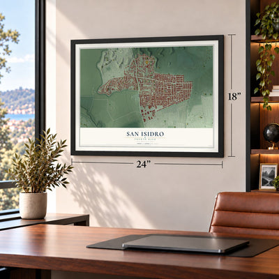 San Isidro, Puerto Rico map, 18 x 24 inch print in a black frame in a home office