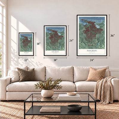 San Juan, Puerto Rico map in 12 x 18, 18 x 24 and 24 x 36 inch sizes above a sofa