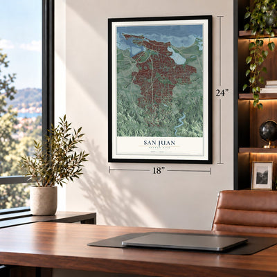 San Juan, Puerto Rico map, 18 x 24 inch print in a black frame in a home office