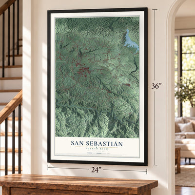 San Sebastián, Puerto Rico map, 24 x 36 inch print in a black frame by a staircase