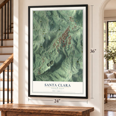 Santa Clara, Puerto Rico map, 24 x 36 inch print in a black frame by a staircase