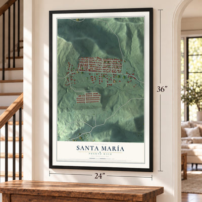 Santa María, Puerto Rico map, 24 x 36 inch print in a black frame by a staircase