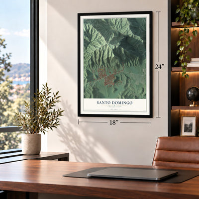 Santo Domingo, Puerto Rico map, 18 x 24 inch print in a black frame in a home office