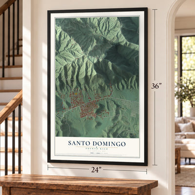 Santo Domingo, Puerto Rico map, 24 x 36 inch print in a black frame by a staircase