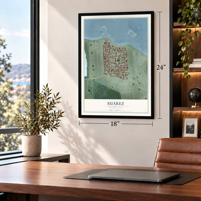 Suárez, Puerto Rico map, 18 x 24 inch print in a black frame in a home office