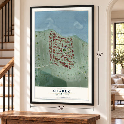 Suárez, Puerto Rico map, 24 x 36 inch print in a black frame by a staircase