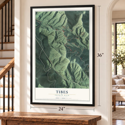 Tibes, Puerto Rico map, 24 x 36 inch print in a black frame by a staircase