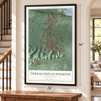 Tierras Nuevas Poniente, Puerto Rico map, 24 x 36 inch print in a black frame by a staircase