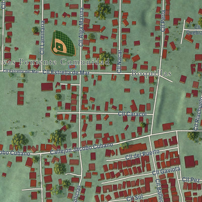 Close-up of the map of Tierras Nuevas Poniente, Puerto Rico print showing street and building detail