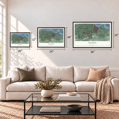 Toa Baja, Puerto Rico map in 12 x 18, 18 x 24 and 24 x 36 inch sizes above a sofa