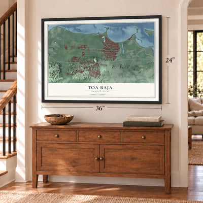 Toa Baja, Puerto Rico map, 24 x 36 inch print in a black frame above a dresser by a staircase