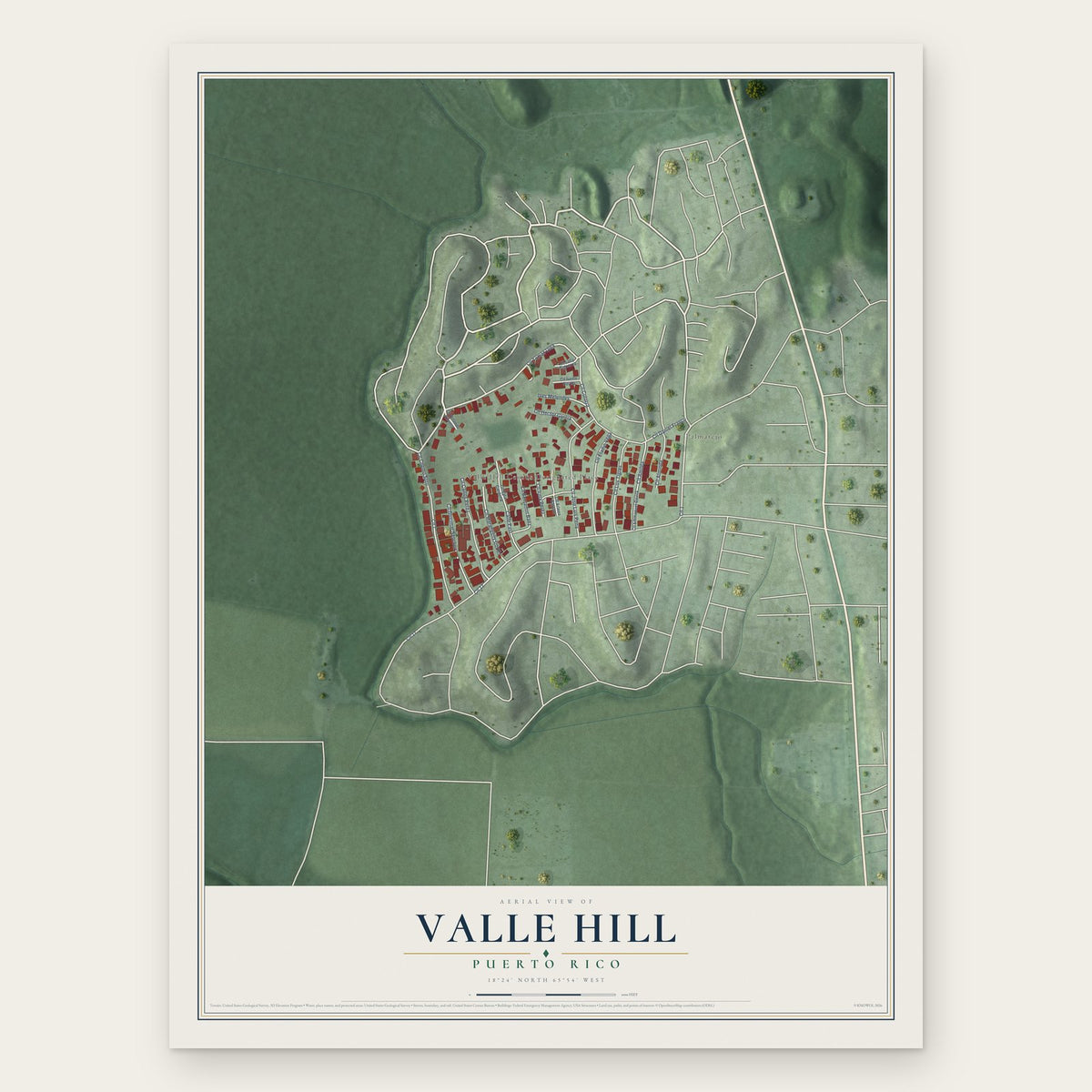 Valle Hill, Puerto Rico map print, the full design