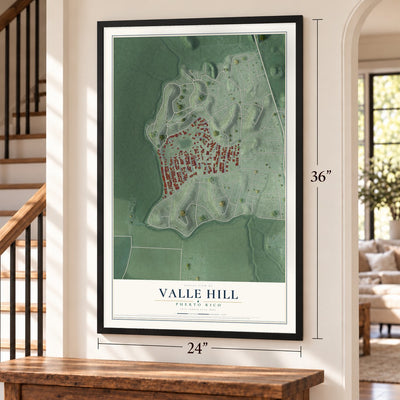 Valle Hill, Puerto Rico map, 24 x 36 inch print in a black frame by a staircase
