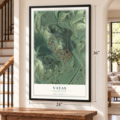 Vayas, Puerto Rico map, 24 x 36 inch print in a black frame by a staircase